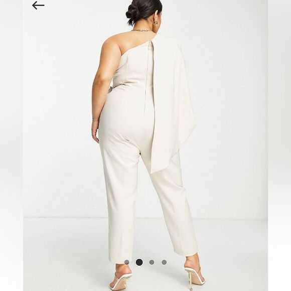 Lavish Alice Plus one shoulder cape detail jumpsuit with belt in champagne - Picture 2 of 5